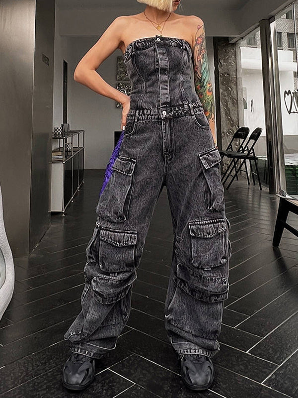 Buttoned Pockets Wide Leg High Waisted Sleeveless Tube Jumpsuits