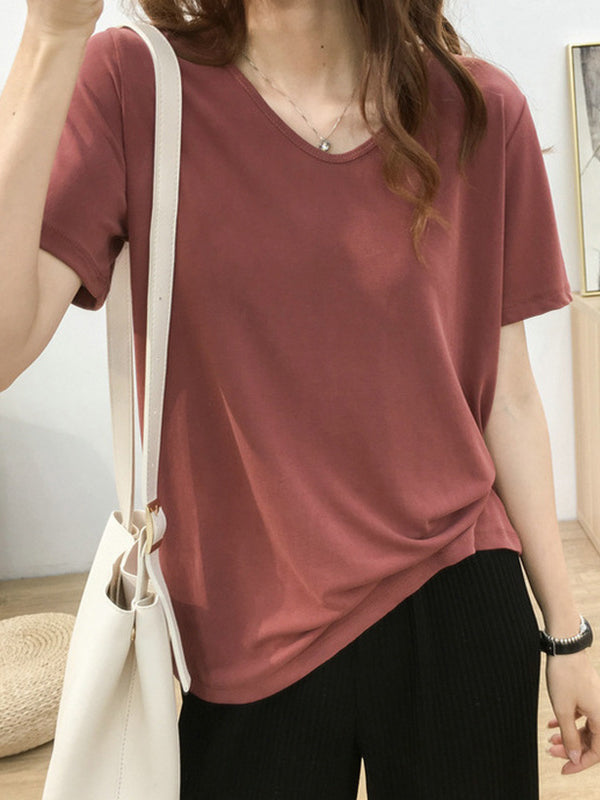 Solid Color Loose Short Sleeves U-Neck T-Shirts Tops