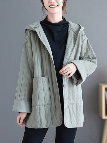 Casual Long Sleeves Loose Buttoned Keep Warm Solid Color Hooded Padded Coat/Down Coat