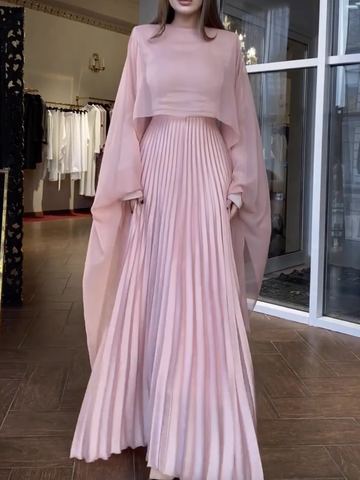 Long Sleeves Pleated Solid Color Round-neck Evening Maxi Dresses