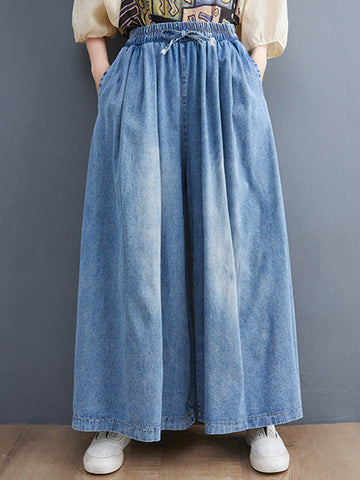 Simple Casual Loose Wide Leg Drawstring Jean Pants