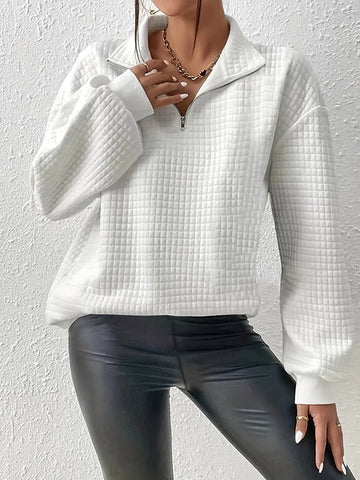 Waffle Check Zipper Long Sleeves Loose Lapel Sweatshirt Tops