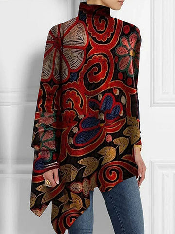 Floral Printed Long Sleeves Loose High Neck T-Shirts