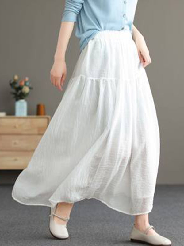 Casual Loose A-Line Pleated Elasticity Split-Joint Solid Color Skirts Bottoms