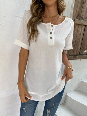 Buttoned Solid Color Split-Joint Loose Short Sleeves V-Neck T-Shirts Tops