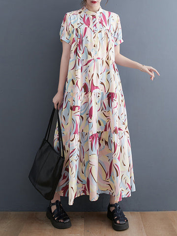 Original Loose Short Sleeves Buttoned Contrast Color Printed Stand Collar Midi Dresses