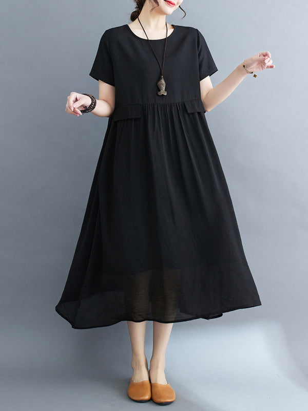 Gauze Solid Color Split-Joint Loose Short Sleeves Round-neck Midi Dresses