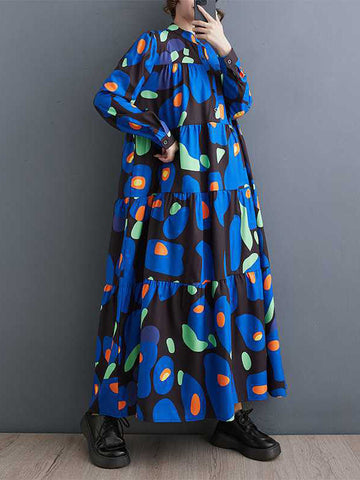 Buttoned Pleated Printed Split-Joint A-Line Long Sleeves Round-Neck Midi Dresses