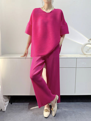 Elastics Pleated Solid Color Short Sleeves Wide Leg Round-neck Two Pieces Set