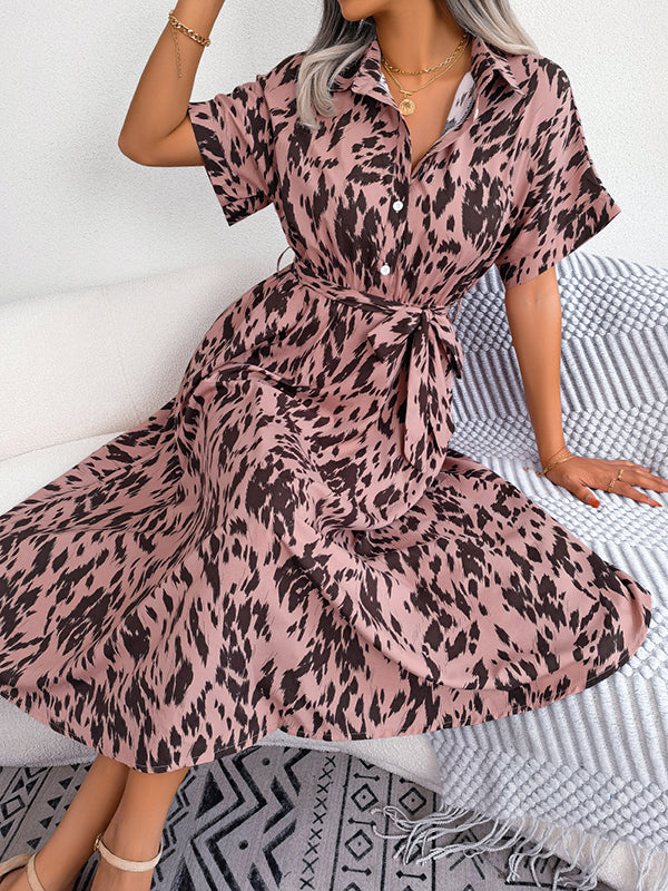 Leopard Ribbed Loose Short Sleeves Lapel Midi Dresses