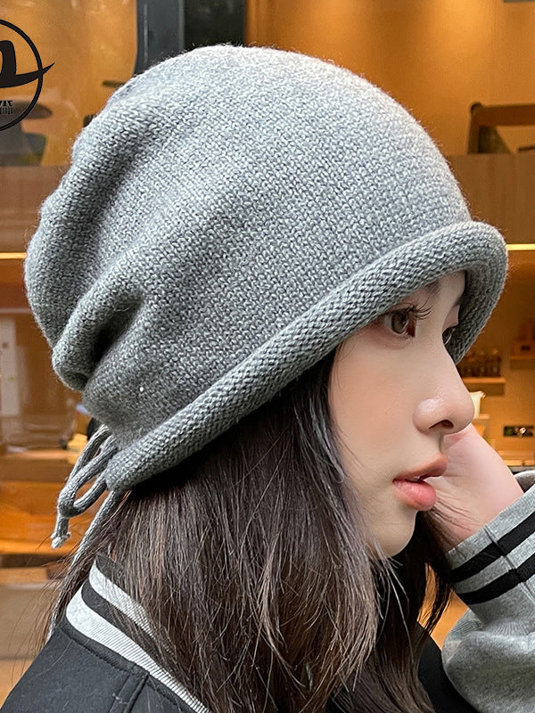 Drawstring Keep Warm Solid Color Tied Knitted Hats