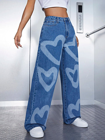 Urban Wide Leg Heart Shape Printed Jean Pants Bottoms