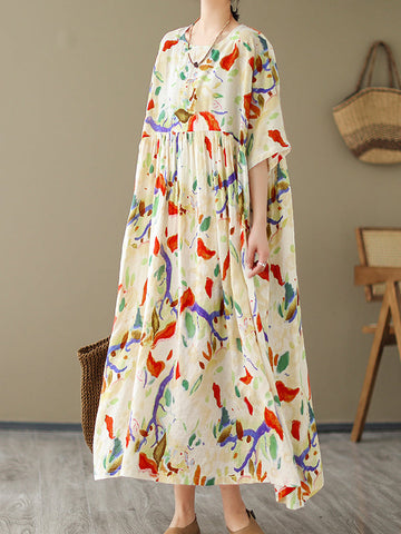 Printed Oversize Puff Sleeves Round-Neck Midi Dresses