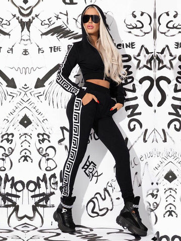 Printing Hooded Zipper Jacket&High-Waisted Leggings Suits