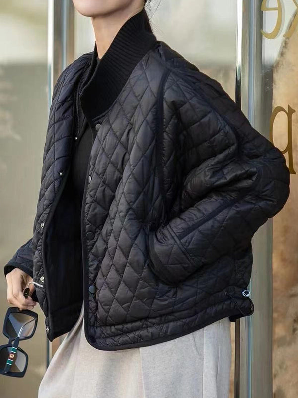 Quilted Solid Color Split-Joint Zipper Long Sleeves Loose Stand Collar Padded Coat