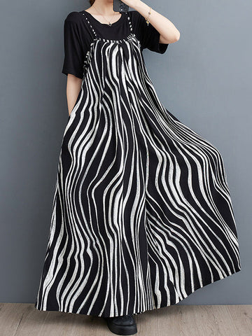 Zebra-Stripe Culottes Loose Spaghetti-Neck Overalls