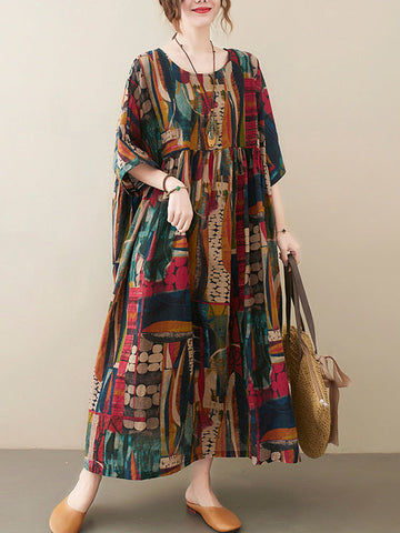 Vintage Loose Abstract Printed Pleated Round-Neck Half Sleeves Midi Dress