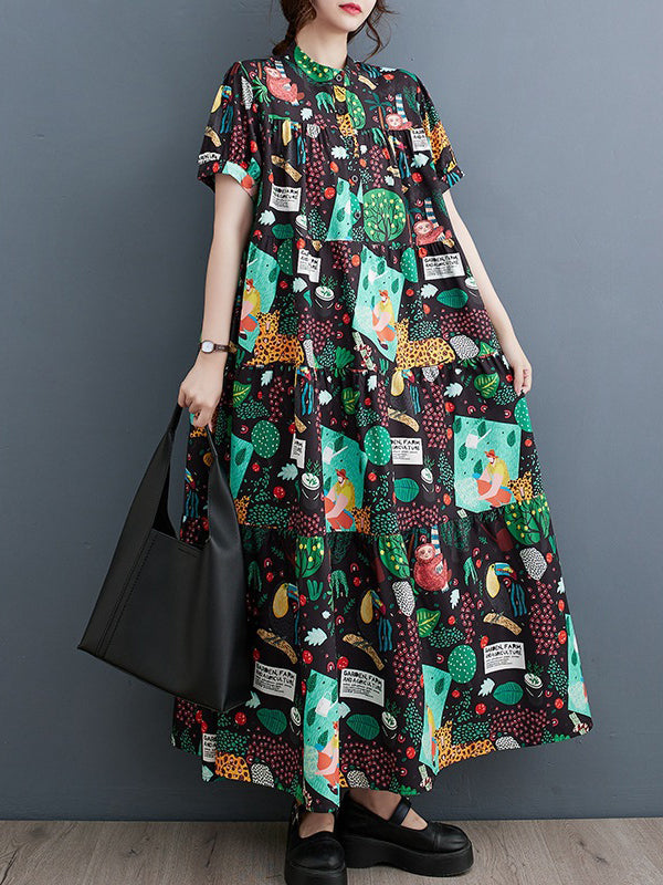 Buttoned Printed Split-Joint Loose Short Sleeves Stand Collar Midi Dresses