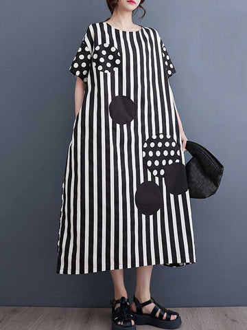 Loose Short Sleeves Polka-Dot Striped Round-Neck Midi Dresses