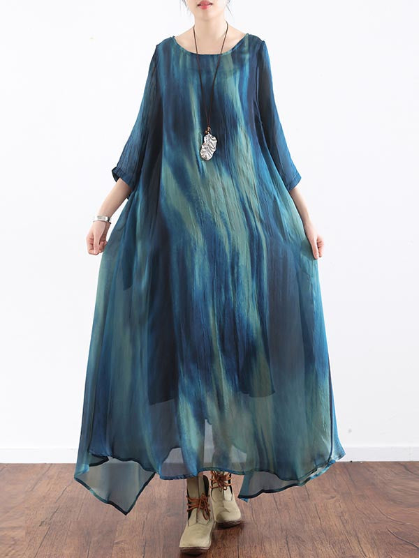 Artistic Retro 2 Pieces Printed Round-Neck Loose Maxi Dress