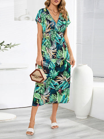 Hollow Lace-Up Printed Split-Joint Loose Short Sleeves V-Neck Midi Dresses