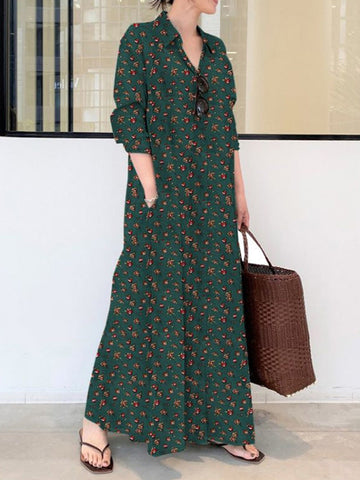 Vintage Printed Lapel Long Sleeve Shirt Maxi Dress