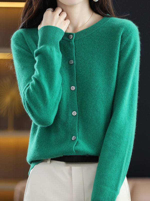 Buttoned Elasticity Long Sleeves Round-Neck Knitwear Cardigan Tops