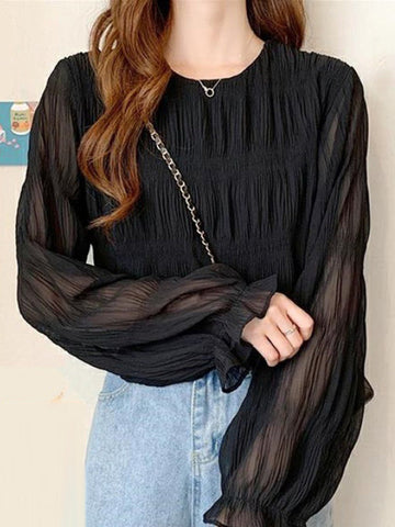 Pleated Solid Color Flared Sleeves Loose Round-Neck T-Shirts