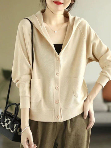 Casual Long Sleeves Loose Buttoned Solid Color Hooded Knitting Outerwear