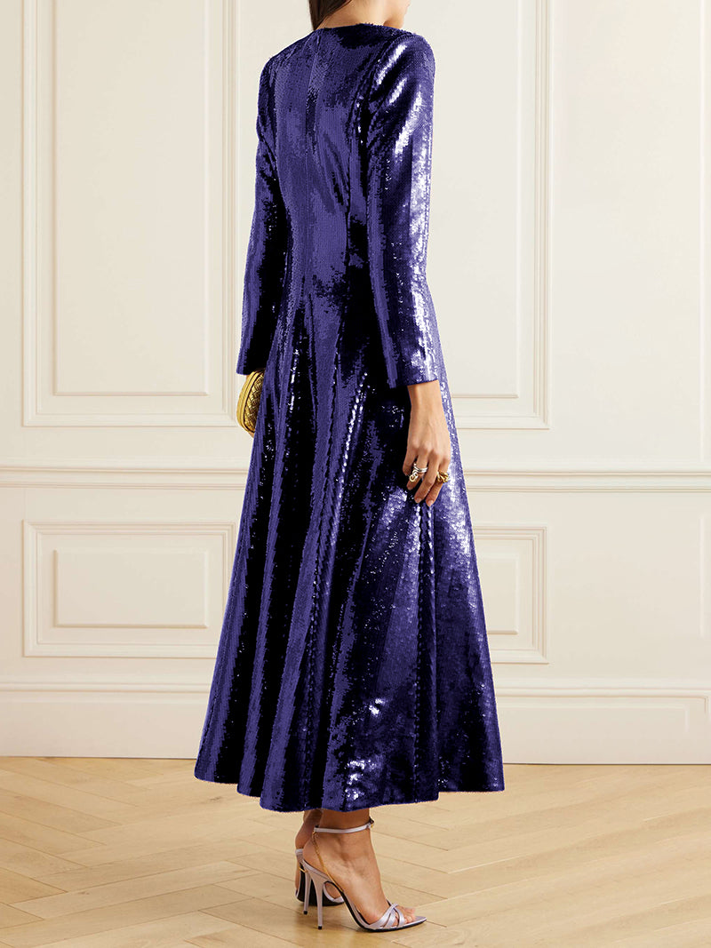 Sequined Solid Color A-line Long Sleeves V-neck Maxi Dresses