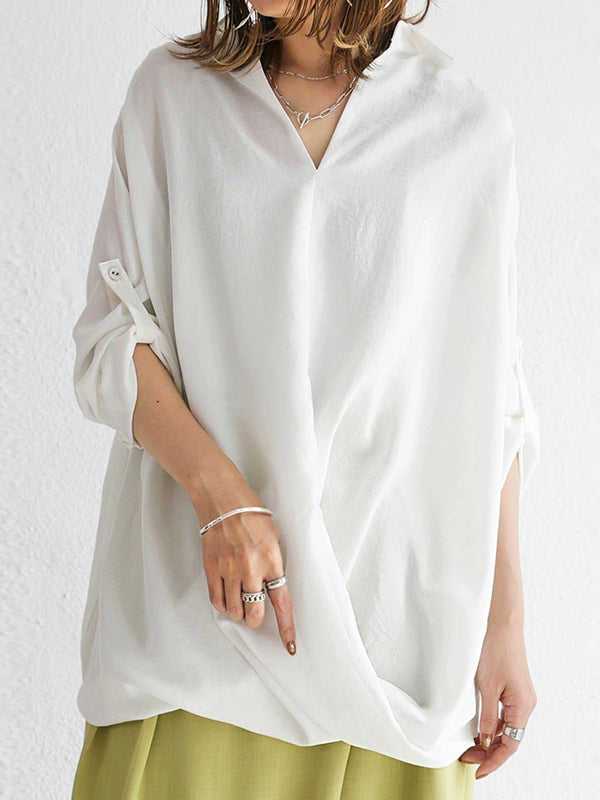 Loose Ramie Cotton Asymmetric Solid Color Blouse Top