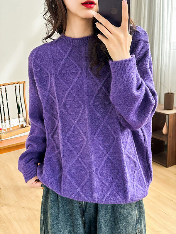 Simple Loose Long Sleeves Jacquard Solid Color Round-Neck Sweater Tops