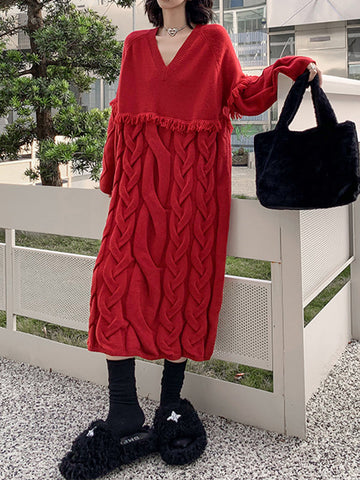 Solid Color Split-Joint Tasseled Long Sleeves Loose V-Neck Sweater Dresses Midi Dresses