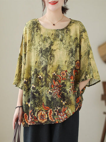 Printed Loose Short Sleeves Round-Neck T-Shirts Tops