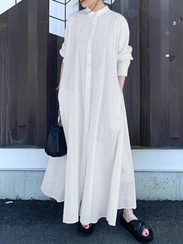 Solid Color Long Sleeves Loose Lapel Shirt Dress Maxi Dresses