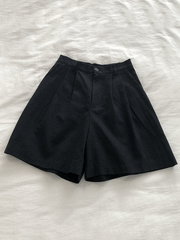 Elasticity Pleated Solid Color Loose Wide Leg Shorts