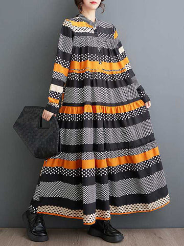 Buttoned Polka-Dot Split-Joint A-Line Long Sleeves Round-Neck Midi Dresses