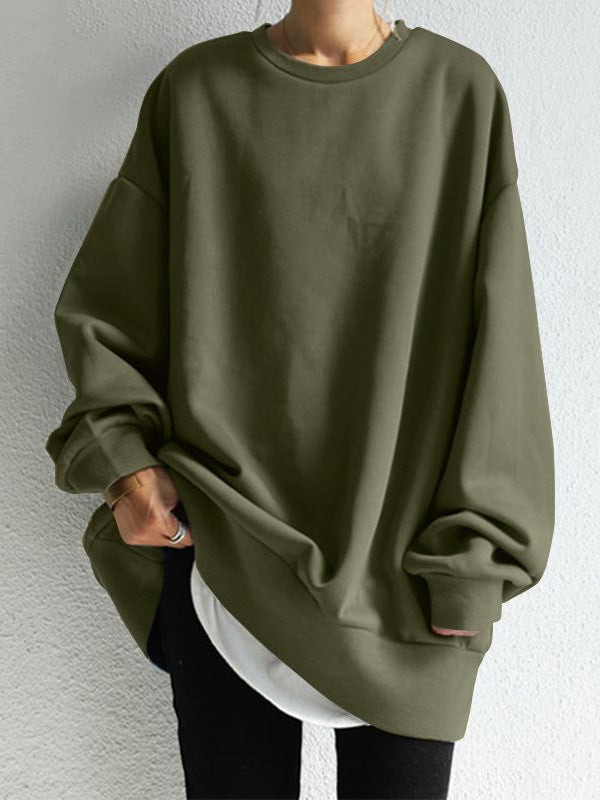 Casual Loose Solid Color Round-Neck Sweatshirt Top