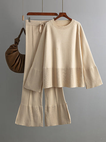 Casual Long Sleeves Loose Solid Color Round-Neck Sweater Tops & Wide Leg Pants Two Pieces Set