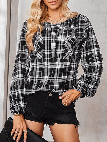 Buttoned Elasticity Plaid Pockets Long Sleeves Loose Round-Neck Blouses&Shirts Tops