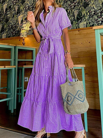 Striped Loose Short Sleeves Lapel Maxi Dresses