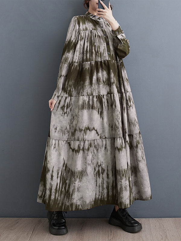 Pleated Split-Joint Tie-dyed Long Sleeves Loose Stand Collar Midi Dresses