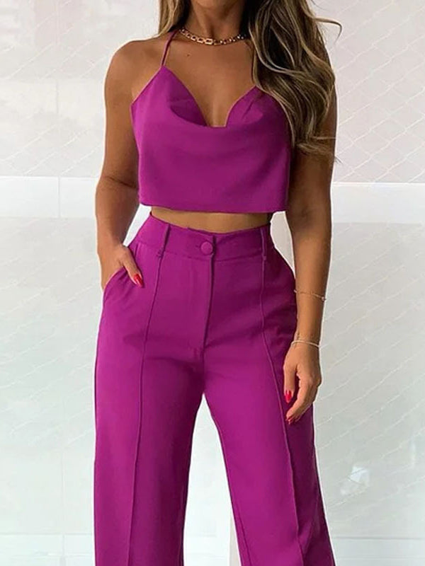 Solid Color Loose V-Neck Vest Top + High Waisted Pants Bottom Two Pieces Set