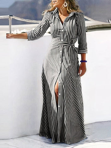 Buttoned Striped Tied Waist High Waisted Long Sleeves V-neck Shirt Dress Maxi Dresses