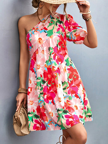 Flower Print Split-Joint A-Line Bishop Sleeve One-Shoulder Mini Dresses