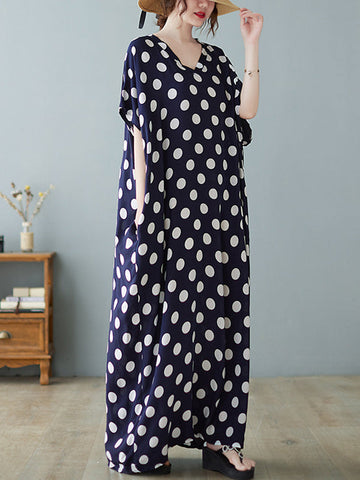 Urban Loose Batwing Sleeves Polka-Dot Printed A-Line Maxi Dress