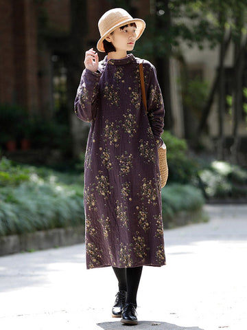 Vintage Loose Printed Keep Warm Velvet Midi Dress Long Cheongsam