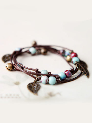 Original National Handmade 7 Colors Ceramic Bead Alloy Leaf Bracelet