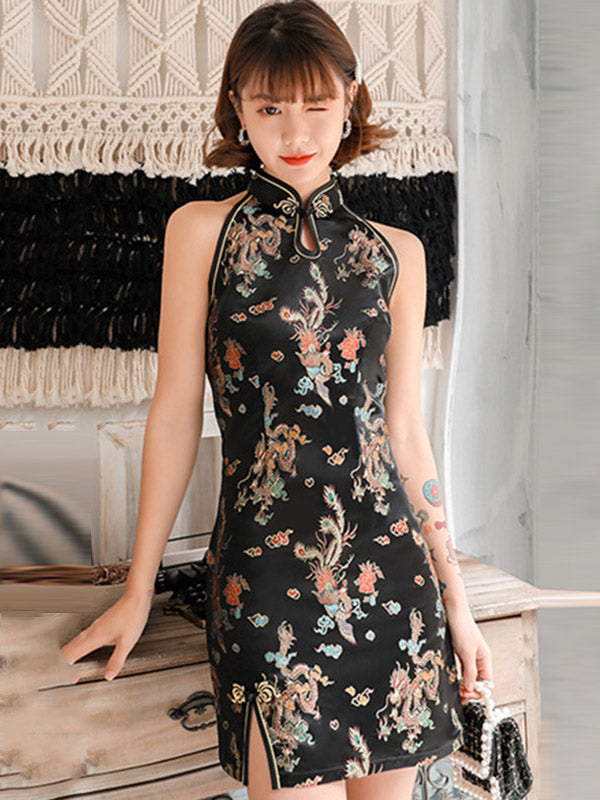 Original Floral Printed Stand Collar Sleeveless Short Cheongsams