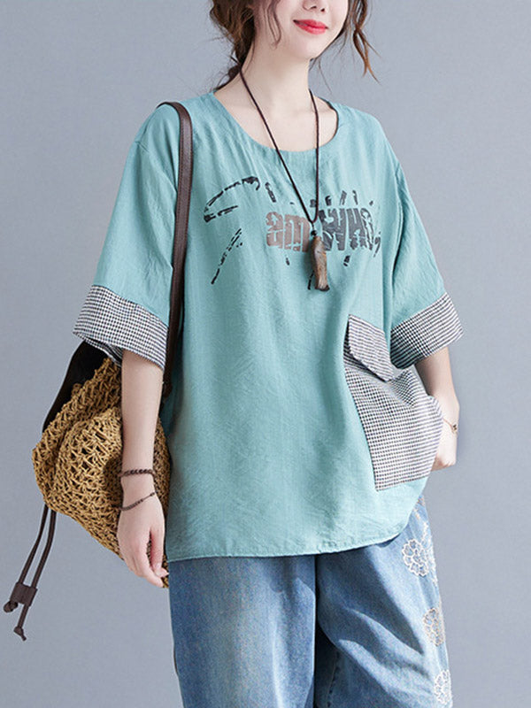 Original Letter Print Split-Joint Round-Neck T-Shirts Tops